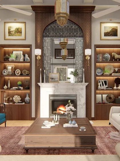The symmetrical design of the main wall, with the fireplace at its center flanked by illuminated bookshelves and arched doorways, creates a sense of classical balance and order.