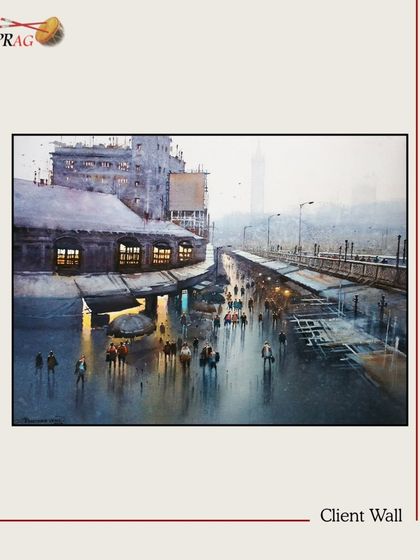 This evocative cityscape, with its play of light on wet streets, is curated for a client's office wall to inspire quiet contemplation.