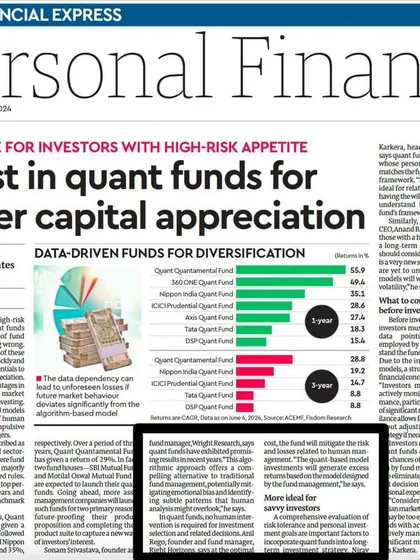 An article from Financial Express featuring insights from our Founder, Anil Rego, on quant funds. He explains that these data-driven funds are suitable for investors with a high-risk appetite seeking higher capital appreciation.