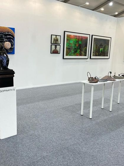 Another perspective of our Art Mumbai booth, showing the relationship between the different sculptures and wall pieces.
