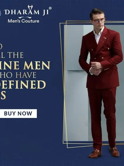 To all the fine men who have defined us. A graphic featuring a model in a sharp, double-breasted maroon suit.