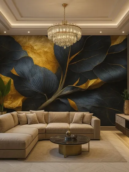 This luxurious wallpaper design showcases large, dark leaves with striking gold accents, perfect for creating a moody and opulent feature wall in a living room or bedroom.