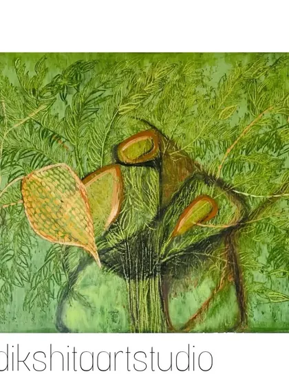 'Hope 9', a piece dominated by shades of green. I used carving techniques into the layers of oil pastel and acrylic to create the effect of foliage and leaves.