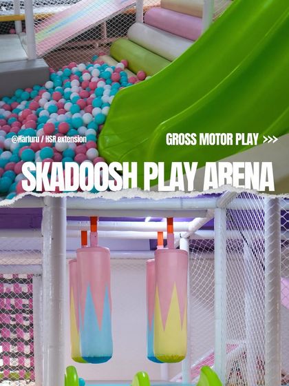 Our gross motor play section is designed for adventure. It includes a ball pit, slides, and punching bags to help kids develop coordination and strength.