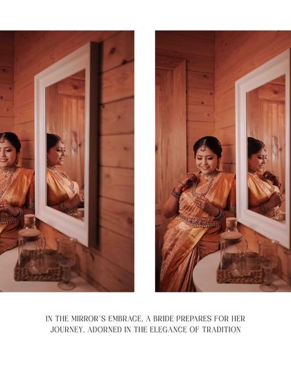 A diptych of a bride preparing for her journey, with a poetic quote about the elegance of tradition.