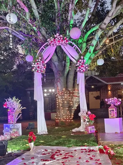 I love transforming outdoor spaces, like this garden proposal setup under a large tree. The design includes a floral arch draped with soft fabric, hanging lanterns, and a rose petal aisle, using colored lights to create a magical atmosphere after sunset.