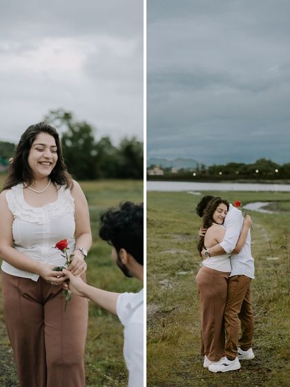 A diptych showing a sweet proposal moment with a single red rose, followed by a warm embrace. This series captures the narrative of the moment against a beautiful, rustic backdrop.