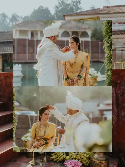 A collage of a Konkani wedding ceremony in Goa, capturing the sacred moments of the groom applying sindoor and placing the necklace.