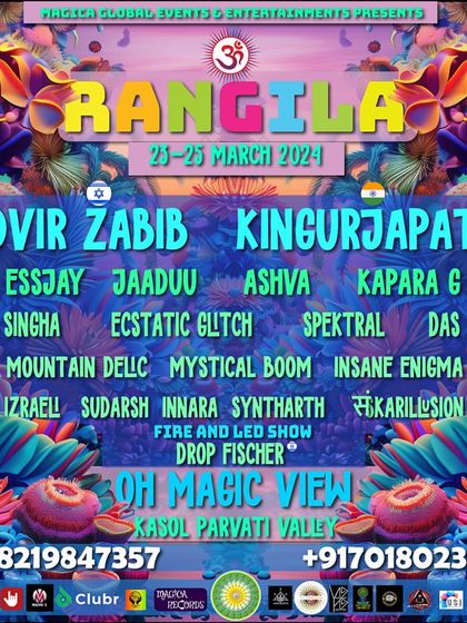 The lineup for the Rangila Holi festival in the Parvati Valley, where I played a special hitech set in the lap of the Himalayas.