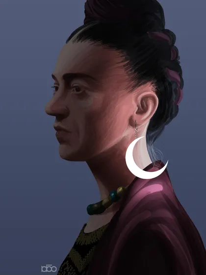 A portrait inspired by the strength and iconic profile of Frida Kahlo. I've rendered her in a moment of quiet contemplation against a deep blue background, with a crescent moon earring that echoes the celestial themes in my own work.