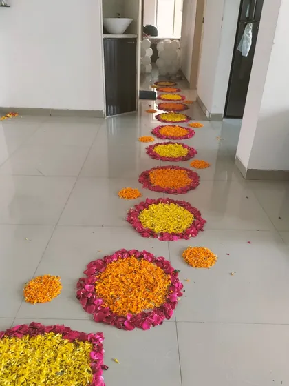 A view of the beautiful and long flower petal walkway we created inside the house for a special baby welcome.