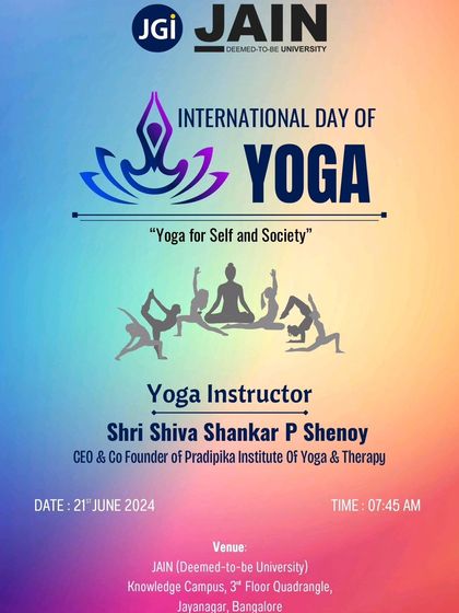 The official announcement for our International Day of Yoga 2024 session at Jain (Deemed-to-be University) in Jayanagar. We were honored to lead the celebration, guiding participants through practices aligned with the theme "Yoga for Self and Society".