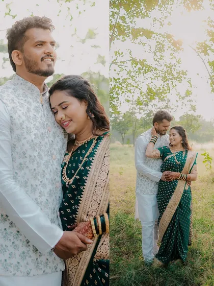 A collage showing two beautiful moments from the same outdoor shoot. One is an intimate embrace, and the other a wider shot showing their connection within the beautiful landscape.