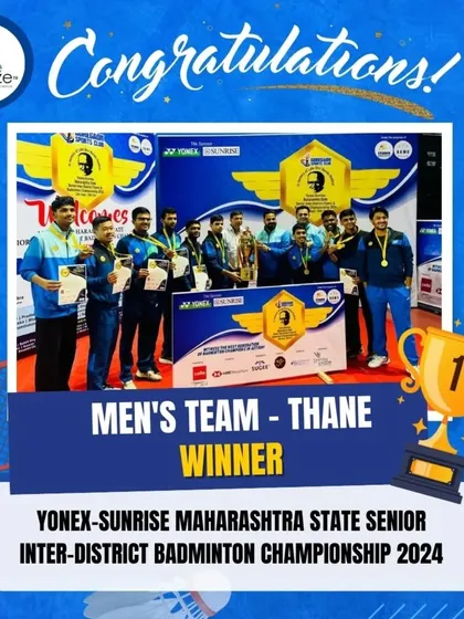 A graphic celebrating the Men's Team from Thane as the winners of the Yonex-Sunrise Maharashtra State Senior Inter-District Badminton Championship.