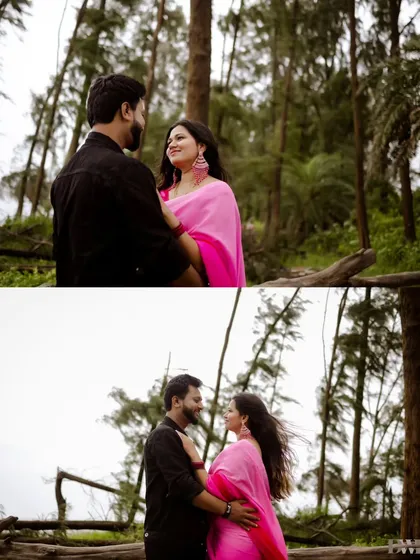 A collage of close-up shots capturing the deep connection and loving glances between the couple amidst the tranquil forest setting.