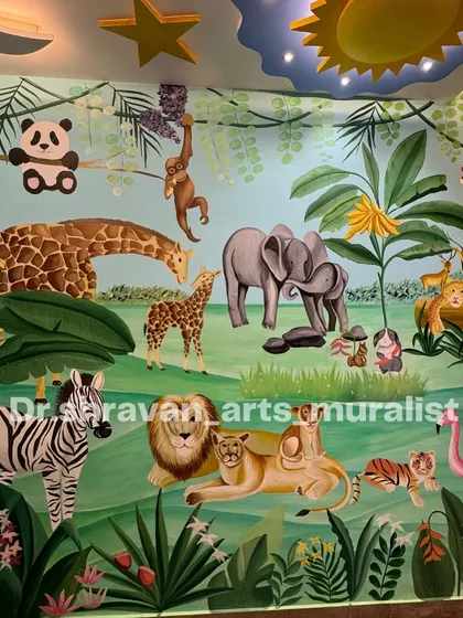 Creating wonderlands for the little ones is one of my greatest joys. This jungle-themed kids' room is filled with friendly animals, from elephants and lions to playful monkeys. The 3D relief elements on the wall make the scene pop, creating an interactive and imaginative space for children to grow.