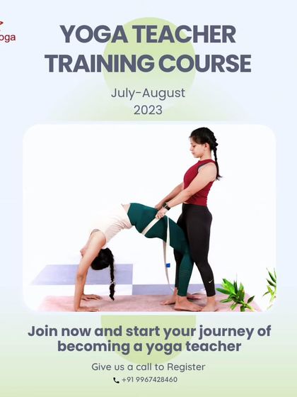 An advertisement for our July-August 2023 Yoga Teacher Training Course, showcasing a hands-on adjustment in Urdhva Dhanurasana.