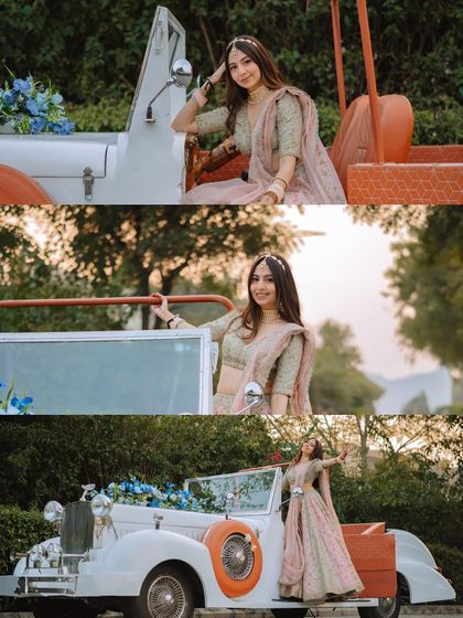 A triptych of a bride posing with a vintage car at sunset, creating a glamorous and unique bridal photoshoot.