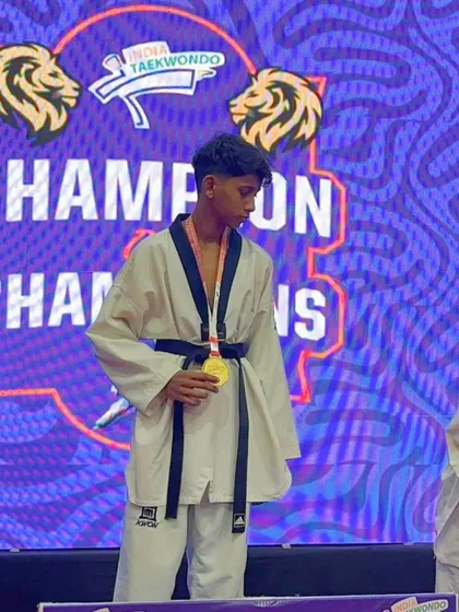 A close-up of Karan Betageri with his Gold medal. A proud moment for this young champion.