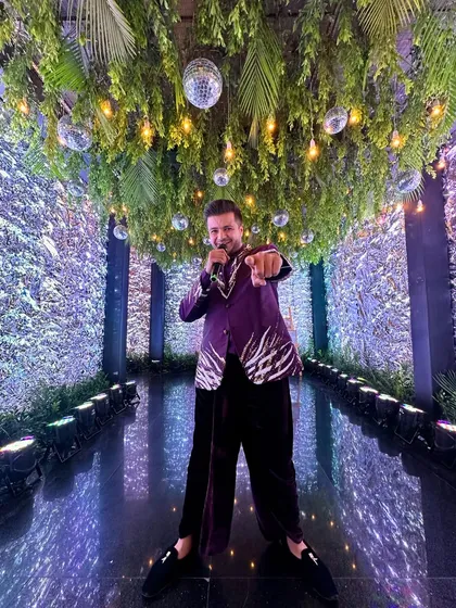 Ready for my close-up at this stunning Sangeet. The decor was incredible, and my job was to bring the energy to match it.