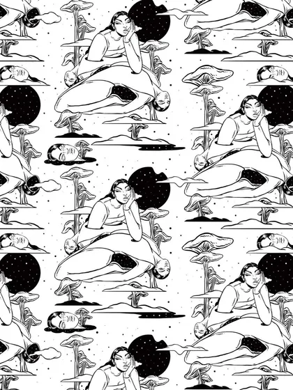 The black and white version of the 'Daydreaming' seamless pattern.