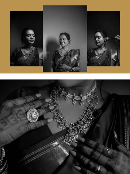 A dramatic black and white collage of the bride, showing her getting ready and a stunning close-up of her traditional necklace and mehndi.