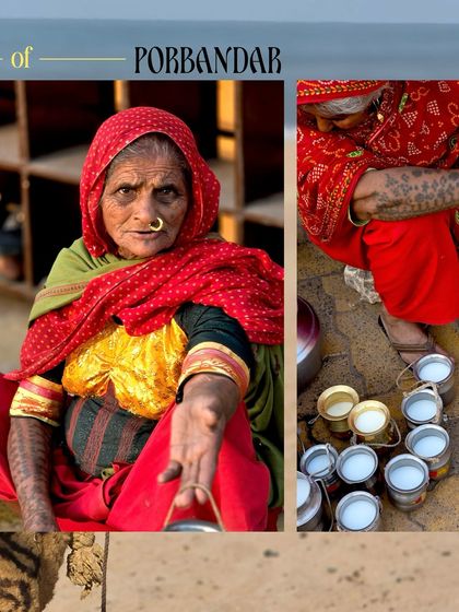 A powerful portrait of an elderly woman in Porbandar, her weathered face and tattooed arms telling a story of a life lived by the sea.