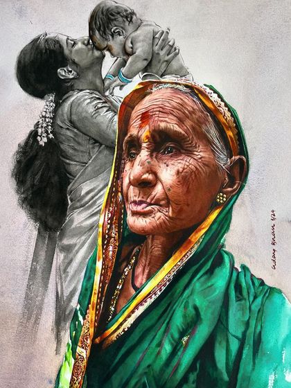 This painting is a tribute to all mothers and grandmothers. It combines a detailed color portrait with a monochrome memory, symbolizing the continuity of love and the stories passed down through generations.