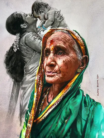 This composition honors motherhood by blending a colorful portrait of a grandmother with a monochrome memory of her younger self. It's a powerful example of storytelling through art.