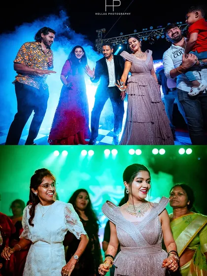 Candid shots from the dance floor, showing guests and the couple enjoying the celebration.