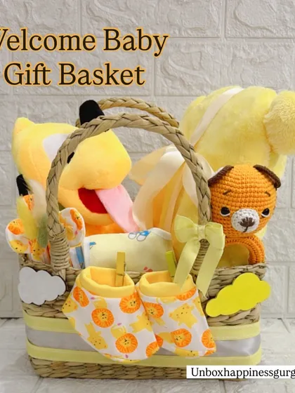 I call this my "Bundle of Sunshine" basket, designed to bring a warm welcome to any newborn. This gender-neutral gift set includes a cheerful Pluto soft toy, a hand-knitted tiger, and a matching set of soft cotton booties and essentials.