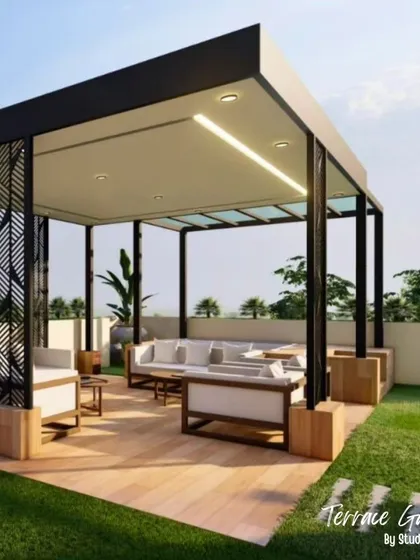 This render showcases the main seating area under a large pergola for a South Delhi terrace project. The design focuses on creating a dedicated, comfortable space surrounded by dense greenery.