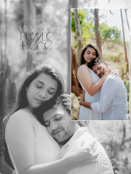 A collage showing the tender and serene moments of a couple's photoshoot in a natural, wooded area. The black and white edit adds a timeless, emotional quality.