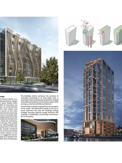 The magazine spread showcasing two of our key projects, highlighting our parametric design approach and our ability to create dynamic, functional, and visually striking facades.