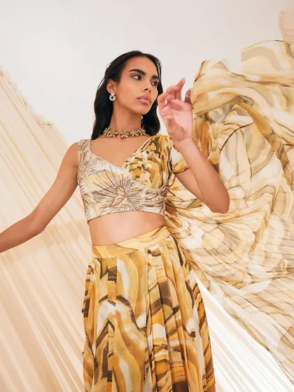 The Verity co-ord set in motion, with the printed drape-style skirt flowing beautifully.