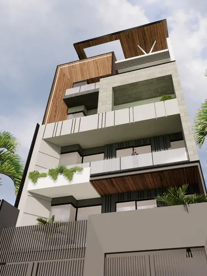 A design focused on linear massing, where horizontal volumes appear to stack and slide. The use of white, grey, and wood tones creates a clean and contemporary aesthetic, complemented by tropical landscaping.