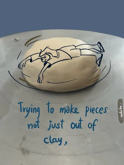 A little doodle from my journal that I just had to share. It's a playful take on the creative process, showing how making art can sometimes feel like you're just trying to hold on. It’s a mix of my love for illustration and pottery.