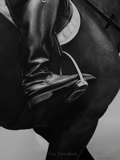 'Leather & Flesh', a 2 by 3 foot hyperrealistic charcoal drawing. This piece focuses on the intimate details of equestrian life, from the texture of the leather boot to the powerful muscle of the horse.
