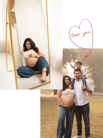 A creative maternity collage, combining a mirror self-portrait with a beautiful outdoor family photo. This tells a story of introspection and family love.