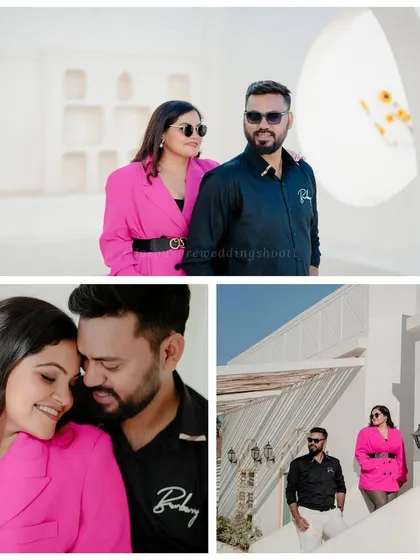 A stylish and modern pre-wedding shoot for Ankit and Shaifali at a white, Santorini-themed location, showing their chic and fashionable side.