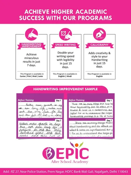 Is your child's handwriting a concern? Our specialized handwriting improvement program delivers visible results in just a few weeks. This sample shows the clear transformation from day 1 to day 7, turning messy script into neat, legible writing.