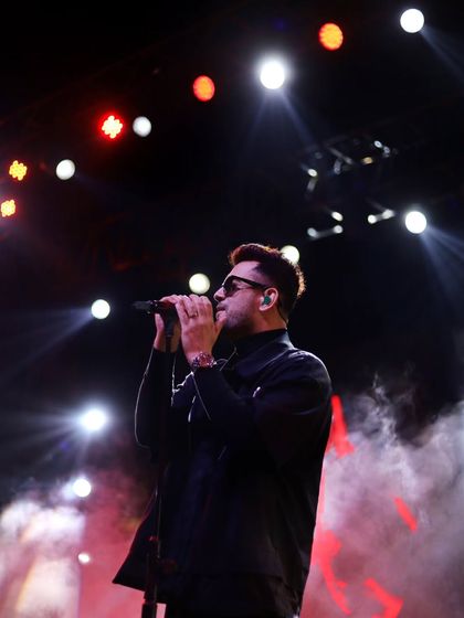 The singer, lost in the song, surrounded by smoke and lights. This is a classic atmospheric shot that defines the live music experience.
