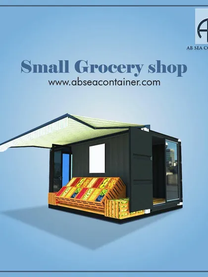 A shipping container can be converted into a compact and efficient small grocery shop or pop-up retail store. This design features a convenient awning and an open front to display produce.