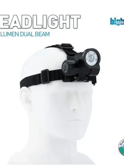 The BigBlue 1000 Lumen Dual Beam Headlight, shown on a mannequin for scale. This hands-free light is perfect for night dives, offering both a narrow spot beam for distance and a wide flood beam for broad coverage.