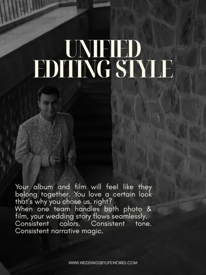 "Unified Editing Style." When one team handles both photo and film, your wedding story flows seamlessly. You get consistent colors, a consistent tone, and consistent narrative magic across your album and your film.