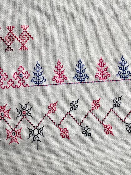 A sampler of Kasuti borders, showing different traditional patterns. Learning these fundamental designs is the first step to creating your own larger, more complex pieces.