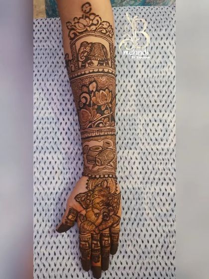 A view of a single arm from the auspicious design set. You can clearly see the elephant in a decorative frame, the lotus band, and the Ganesha on the palm.