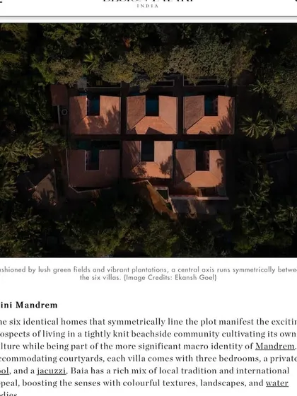 This aerial view of Baia Villas, featured in Design Pataki, shows the master plan in action. The six identical homes are arranged symmetrically along a central axis, creating a tightly knit beachside community. Each villa includes a private pool and courtyard, fostering a sense of both personal sanctuary and shared experience.
