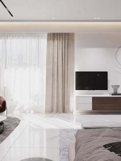 A perspective of the master suite's entertainment zone, opposite the seating area. The design maintains a clean, minimalist aesthetic with a floating media console and ample natural light from the full-height windows.