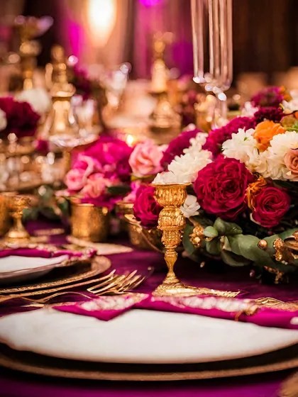 A close-up of a royal tablescape, where rich magenta and gold accents create an atmosphere of opulence. Every detail, from the ornate candle holders to the floral centerpieces, is meticulously chosen to craft a cohesive and immersive dining experience for your guests.